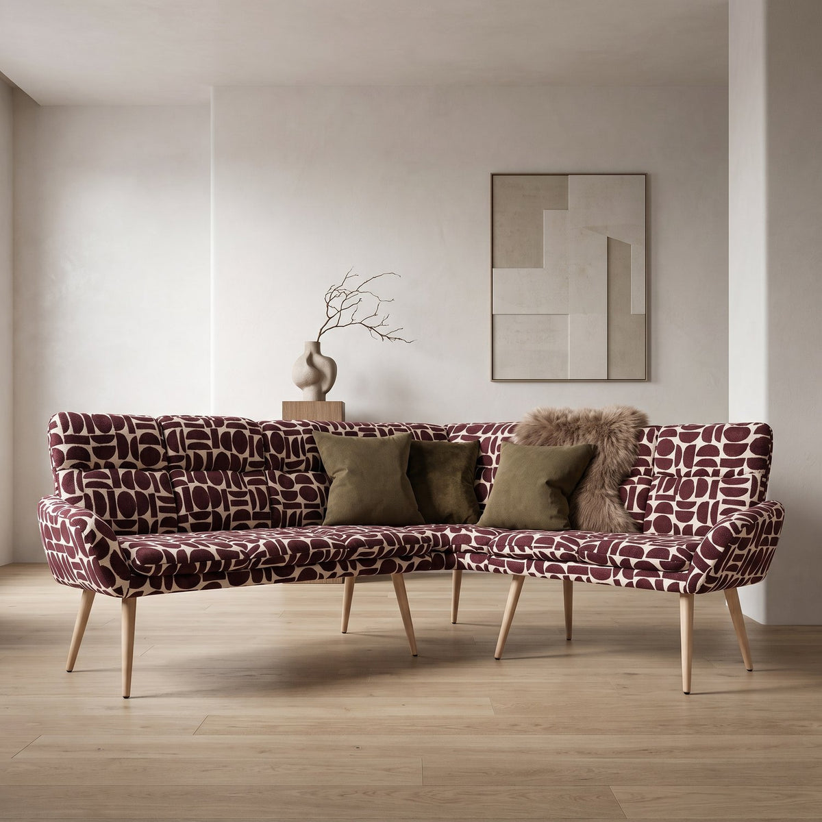 Sloane L-shaped corner bench in plum and cream geometric pattern boucle style fabric with olive cushions on an oak floor