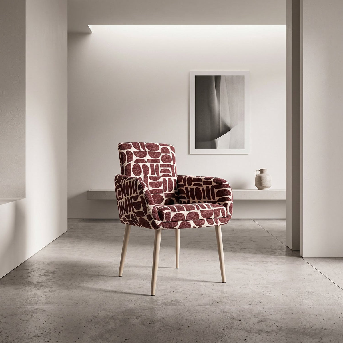 Sloane dining chair with arms in plum geometric pattern boucle style fabric on beech-wrapped metal legs