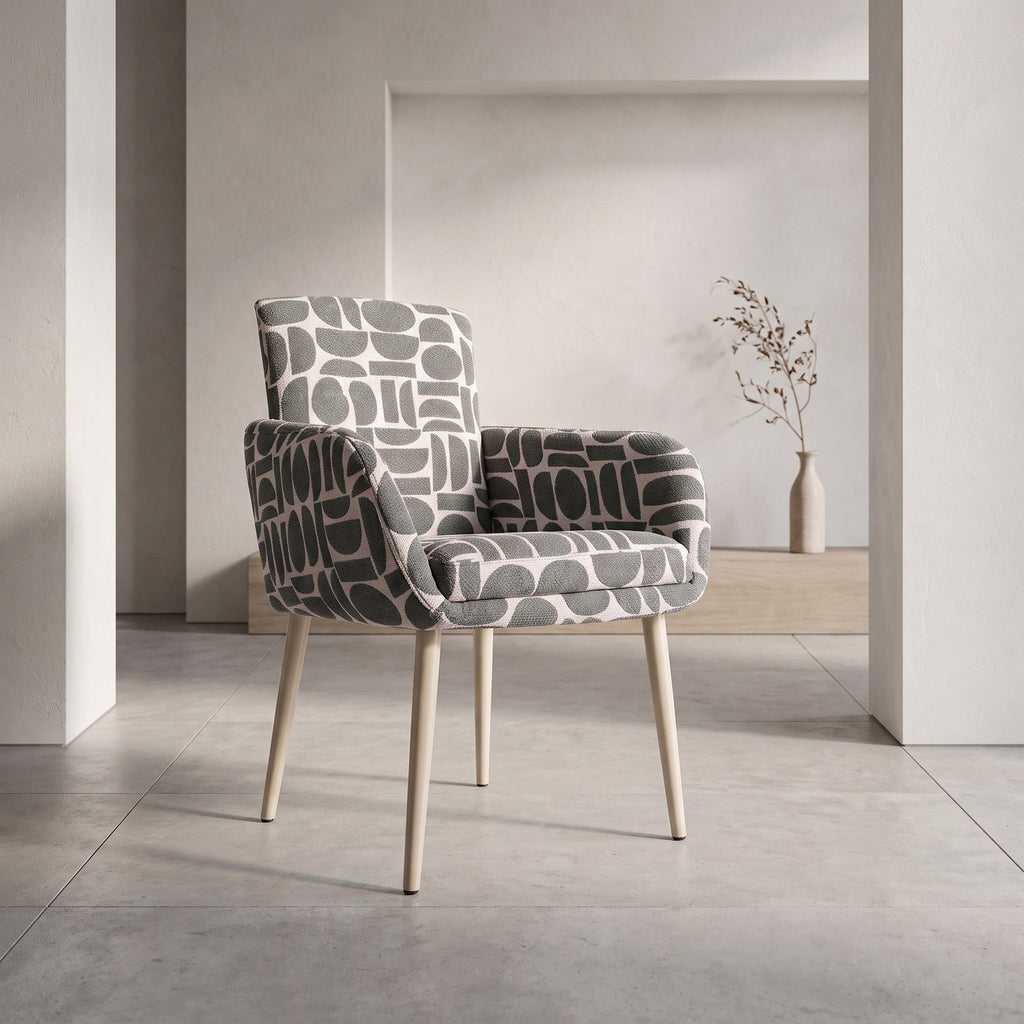 Sloane dining chair with arms in sage and cream geometric pattern boucle style fabric on beech-wrapped metal legs