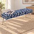 Sloane 140cm flat bench in blue and cream geometric pattern boucle style fabric on a jute rug in a sunlit room