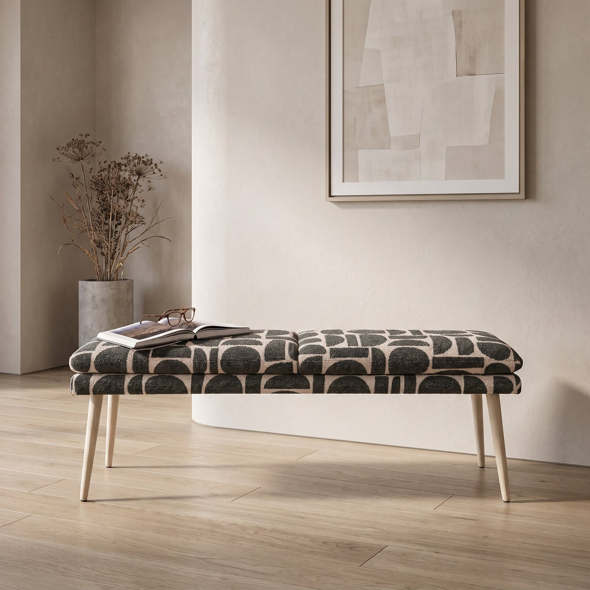 Sloane 140cm flat bench in sage geometric pattern boucle style fabric on beech-wrapped metal legs on an oak floor