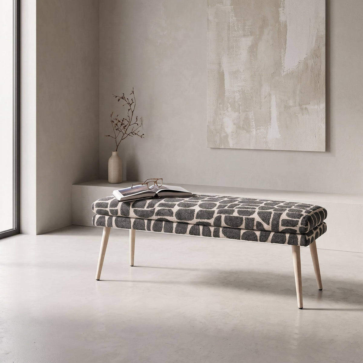 Sloane 140cm flat bench in sage and cream geometric pattern boucle style fabric in a minimalist room