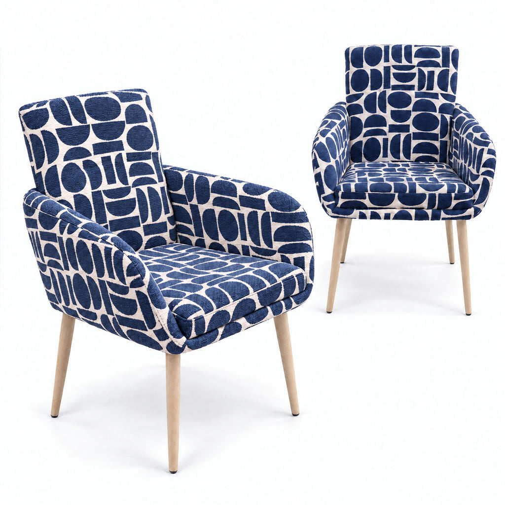 Pair of Sloane dining chairs in blue geometric pattern fabric