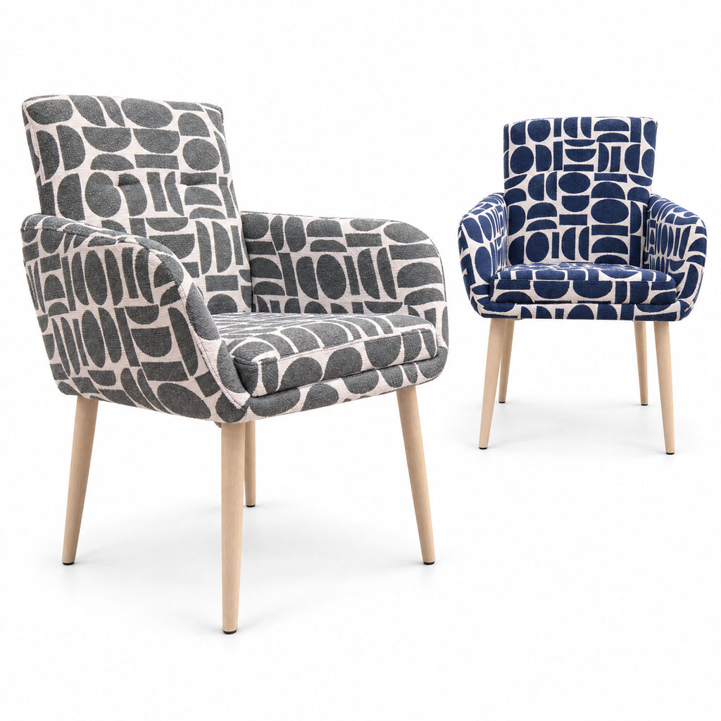Sloane dining chairs in sage and blue geometric pattern fabric side by side