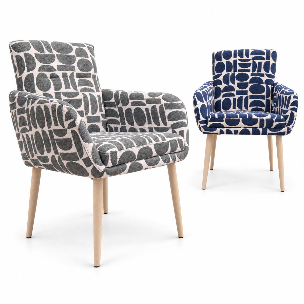 Sloane dining chairs in sage and blue geometric pattern fabric side by side
