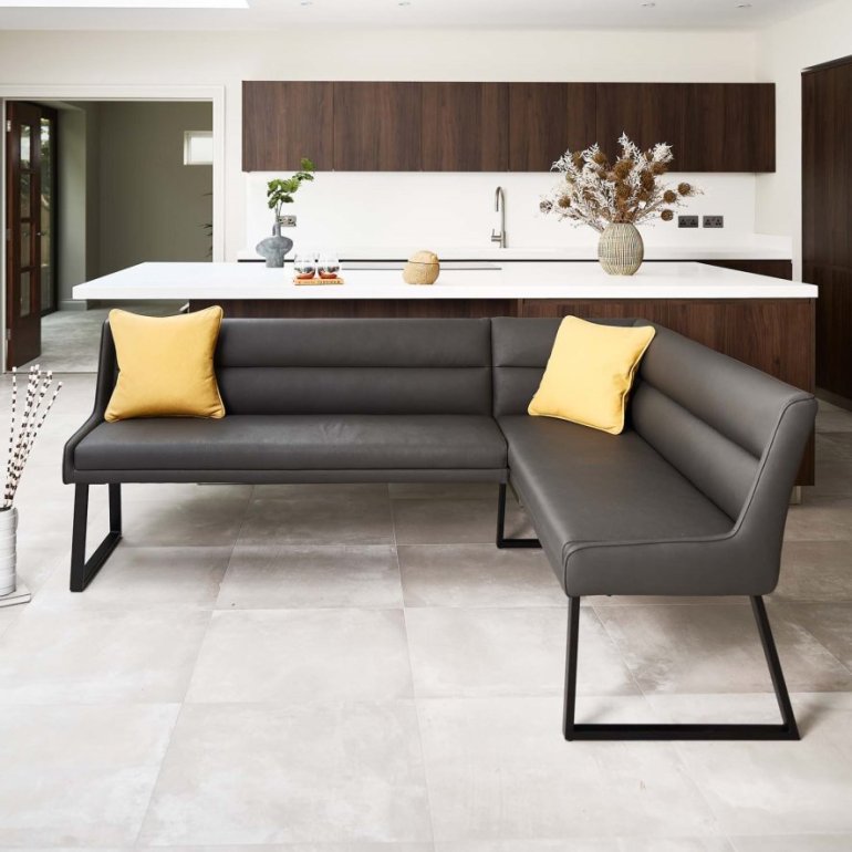 Paulo Corner Bench – Anthracite Brown leather dining bench with yellow cushions