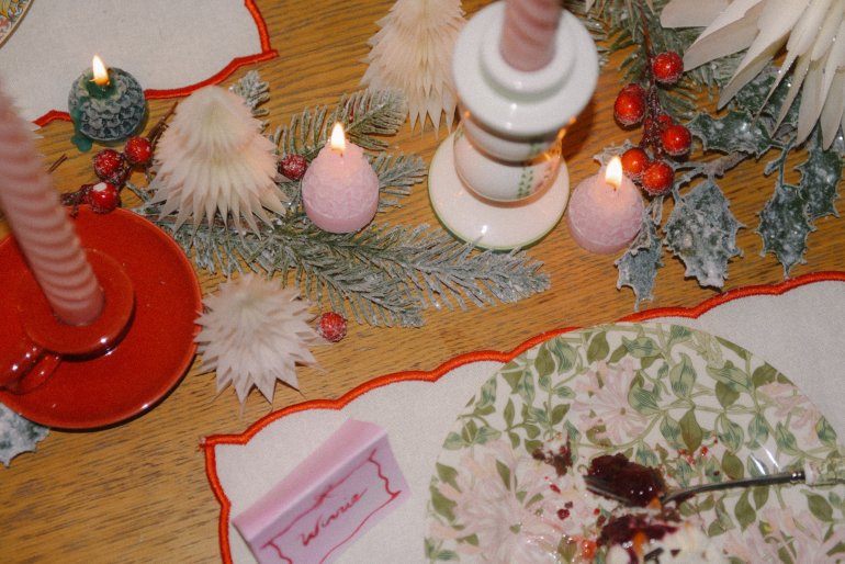 Pink Christmas tablescape on dining table