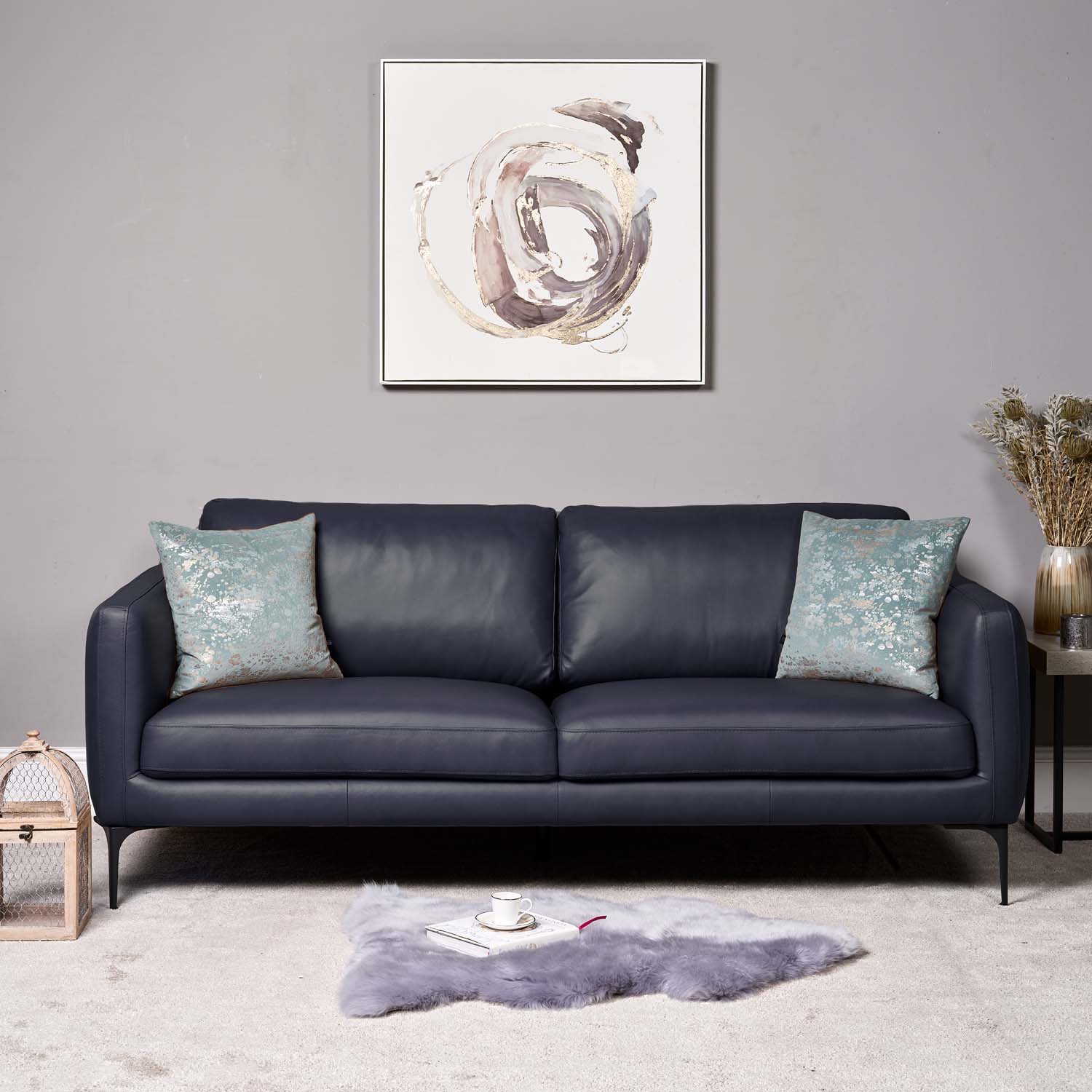 Woods Carnaby Leather Sofa 3 Seater Dark Blue/Grey Woods Furniture