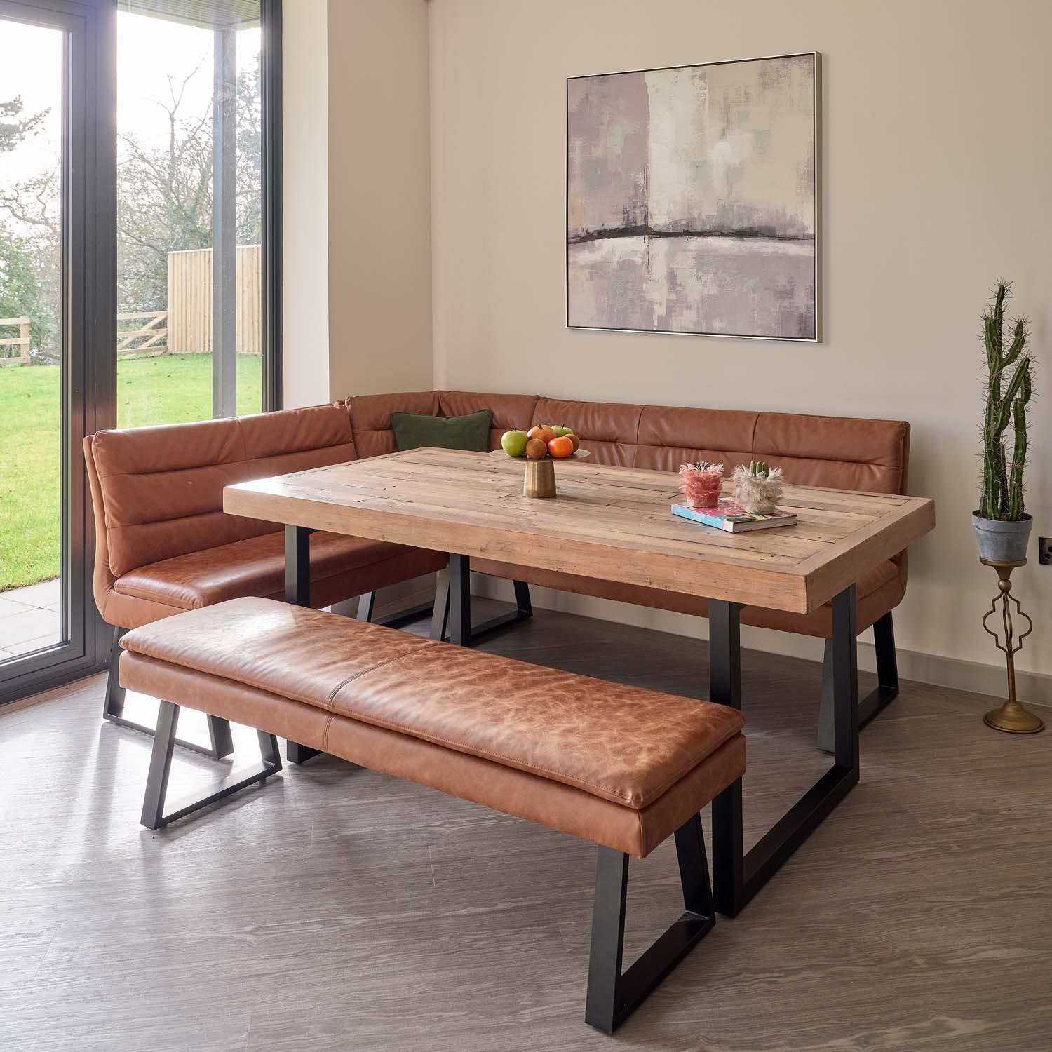 Woods Adelaide 180cm Dining Table with Industrial Corner Bench in Tan and 158cm Flat Bench Woods Furniture