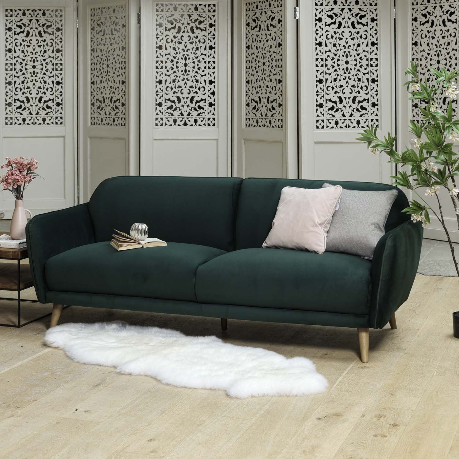 Forest green velvet sofa Tamar three seater - Woods Furniture