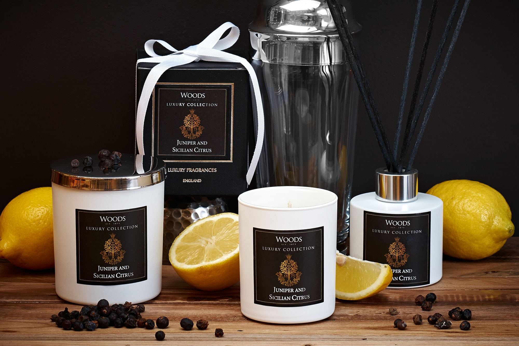 Luxury Scented Candles Juniper & Sicilian Citrus Woods Furniture