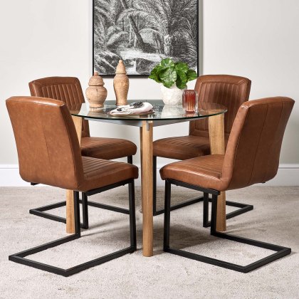 Lutina 100cm Glass Dining Table & 4 Vintage Dining Chairs - Tan