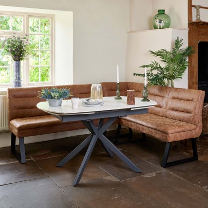 Toscana White Motion Table with Industrial Corner Bench - Tan