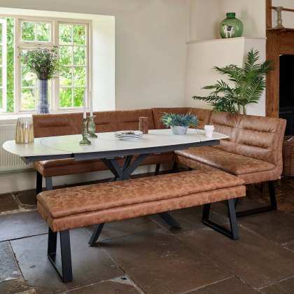 Toscana White Motion Table with Industrial Corner Bench and Industrial Low Bench - Tan Toscana White Motion Table with Industrial Corner Bench and Industrial Low Bench - Tan