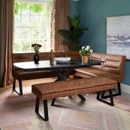 Toscana Black Motion Table with Industrial Corner Bench and Industrial Low Bench - Tan Toscana Black Motion Table with Industrial Corner Bench and Industrial Low Bench - Tan