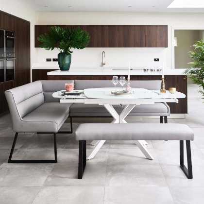 Ravenna Motion Table in White with Paulo RHF Corner Bench and Paulo Low Bench in Grey