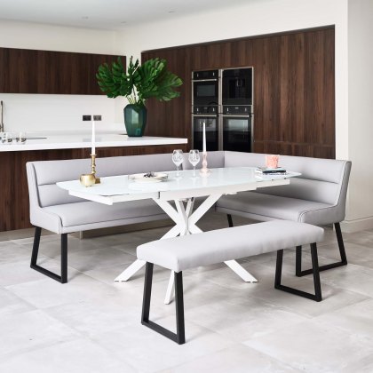 Ravenna Motion Table in White with Paulo LHF Corner Bench with Paulo Low Bench in Grey