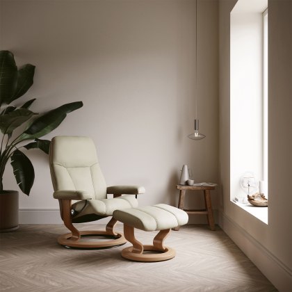Quickship Large Consul Chair and Footstool with Classic Base in Batick Cream with Oak Wood Quickship Large Consul Chair and Footstool with Classic Base in Batick Cream with Oak Wood