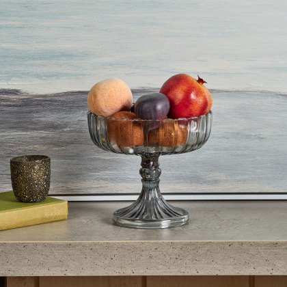 Glass Flat Fruit Bowl with Base in Luster Grey Glass Flat Fruit Bowl with Base in Luster Grey