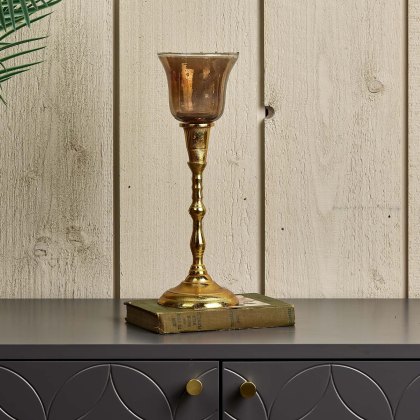 Candle Stick in Light Gold with Removable Taper Bell Teaight Holder in Brown Candle Stick in Light Gold with Removable Taper Bell Teaight Holder in Brown