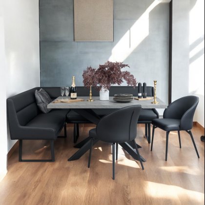 Jupiter 180cm - Faux Concrete - Dining Table & RHF Corner Bench with 2 Dining Chairs in Black