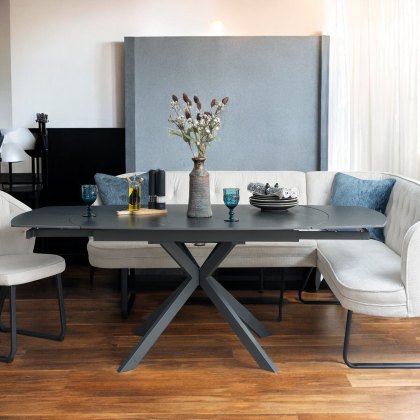 Toscana Motion Table Black with LHF Frampton Corner Bench and 2 Dining Chairs in White