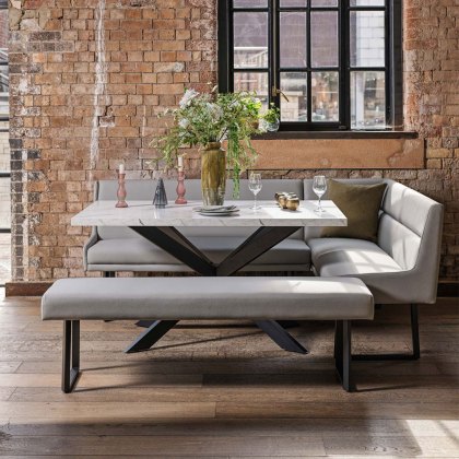 Jupiter Dining Set - Marble Effect - With LHF Corner Bench & Low Bench in Light Grey