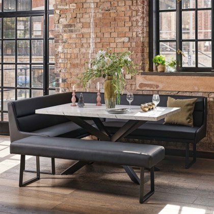 Jupiter Dining Set - Marble Effect - With RHF Corner Bench & Low Bench in Black