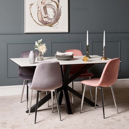 Eastcote White 150cm Dining Table & Archie Chrome Leg Dining Chairs Pink/Grey