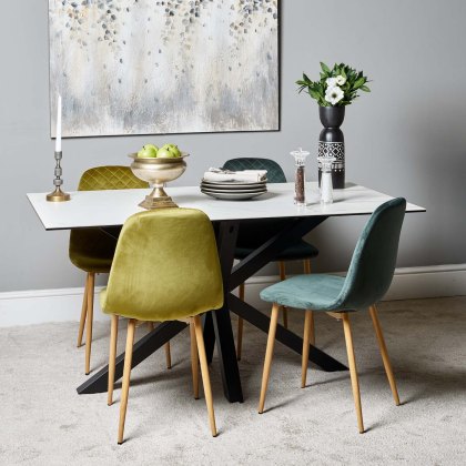 Eastcote White 150cm Dining Table & Archie Wood Effect Leg Dining Chairs Dark/Light Green