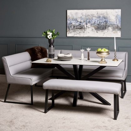 Eastcote White 150cm Dining Table & Paulo Corner Bench (RHF) & Low Bench - Grey