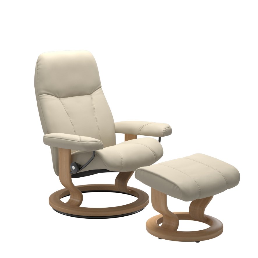 Stressless Stressless Large Consul Chair with Footstool, Classic Base - Oak in Batick Cream
