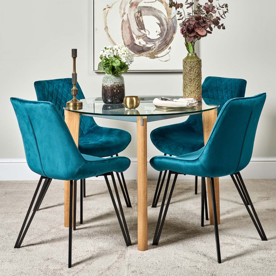 Woods Lutina 100cm Glass Dining Table & 4 Chase Dining Chairs - Teal