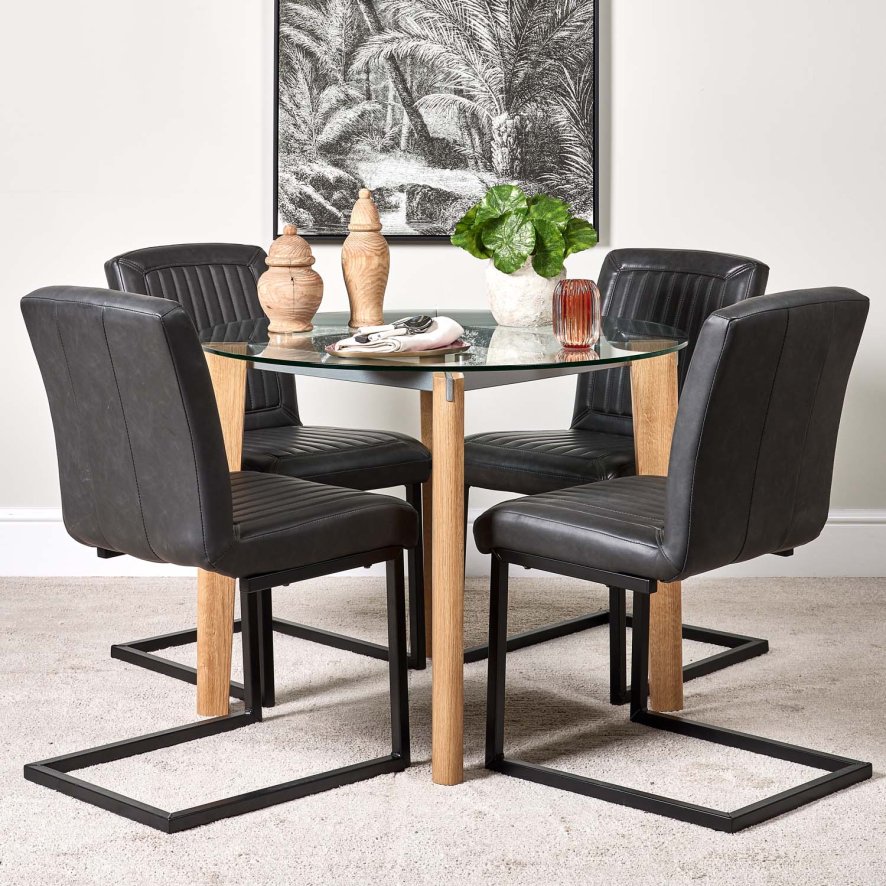 Woods Lutina 100cm Glass Dining Table & 4 Vintage Dining Chairs - Grey