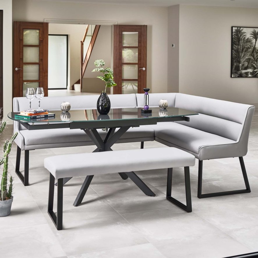 Clearance Ravenna Motion Table in Grey with Paulo LHF Corner Bench and Paulo Low Bench in Grey