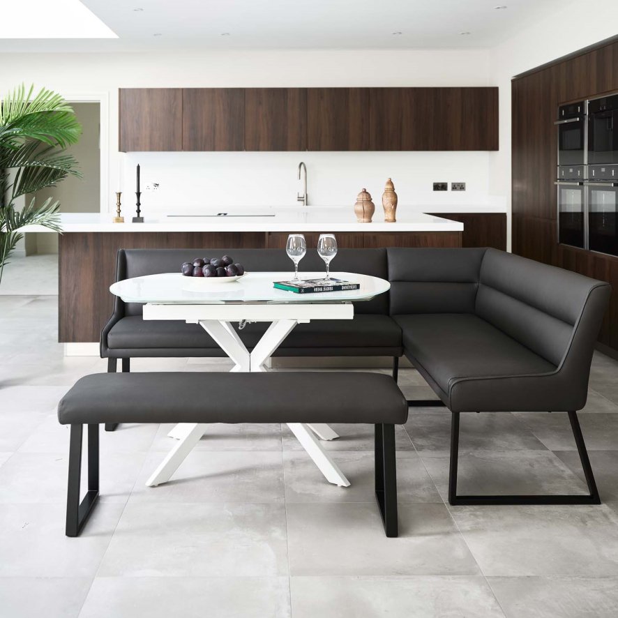 Woods Ravenna Motion Table in White with Paulo LHF Corner Bench and Paulo Low Bench in Anthracite