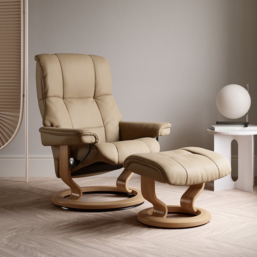 Stressless Mayfair Medium Chair & Footstool with Classic Oak Base in Paloma Sand