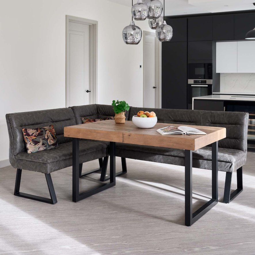 An image of Adelaide 140-180cm Extending Dining Table with Industrial Corner Bench in Grey