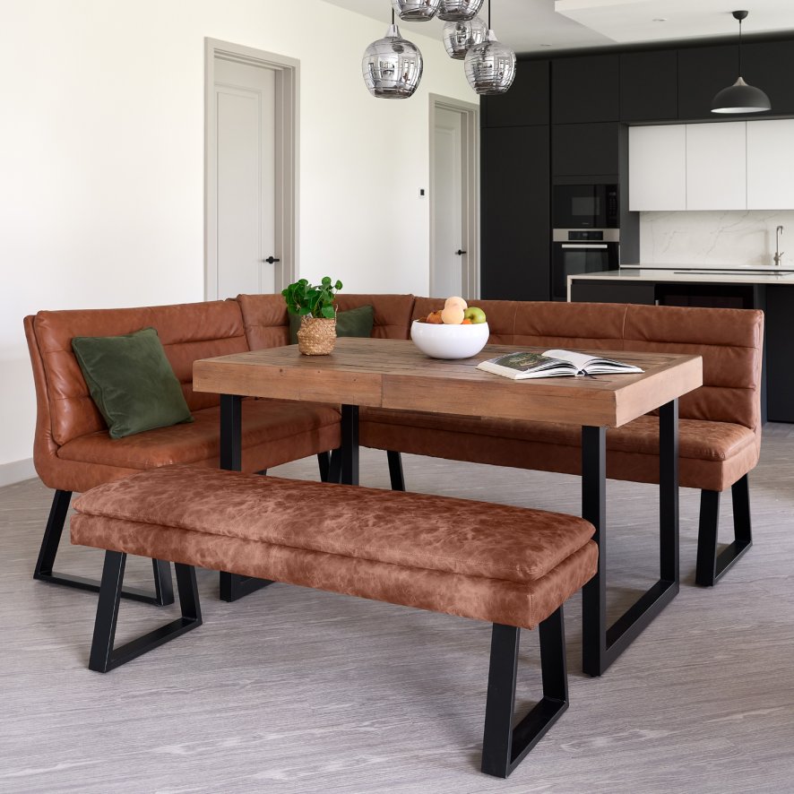 An image of Adelaide 140-180cm Extending Dining Table with Industrial Corner Bench in Tan wi...