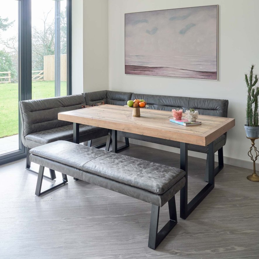 An image of Adelaide 180cm Dining Table with Industrial Corner Bench in Grey and 158cm Flat ...