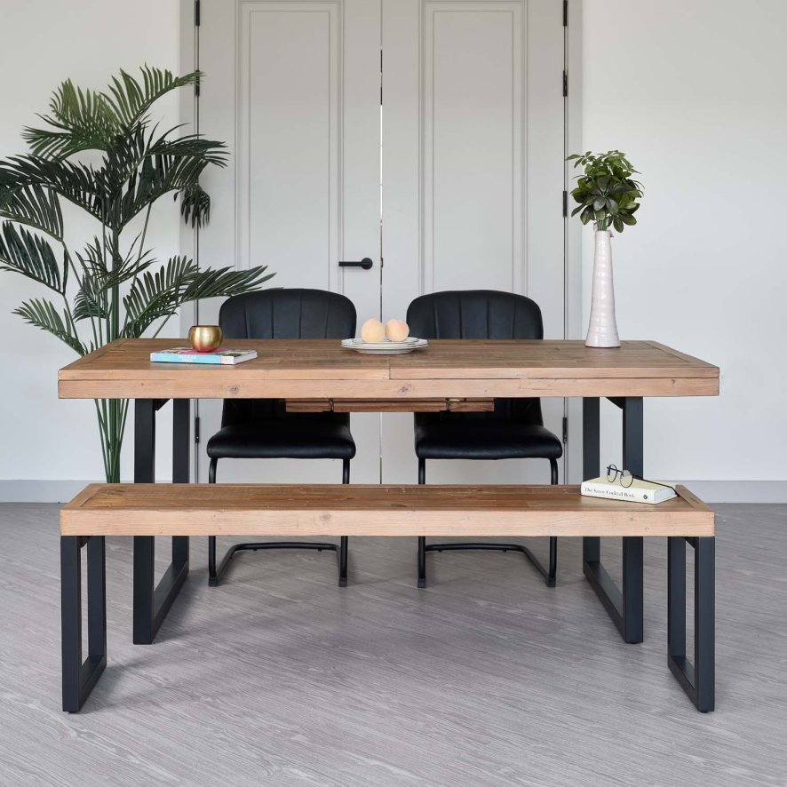 Woods Adelaide 180-240cm Extending Dining Table with 2 Firenza Chairs in Black and Adelaide 155cm Bench