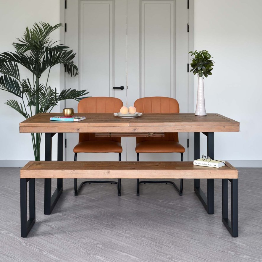 Woods Adelaide 180-240cm Extending Dining Table with 2 Firenza Chairs in Tan and Adelaide 155cm Bench