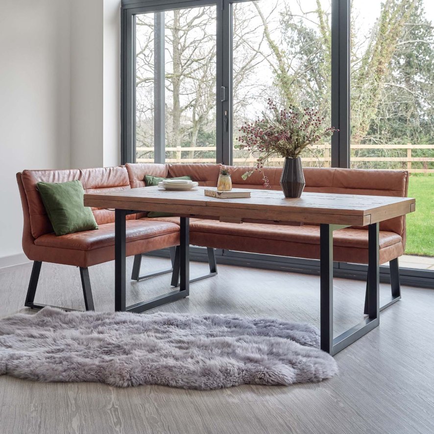 An image of Adelaide 180-240cm Extending Dining Table with Industrial Corner Bench in Tan