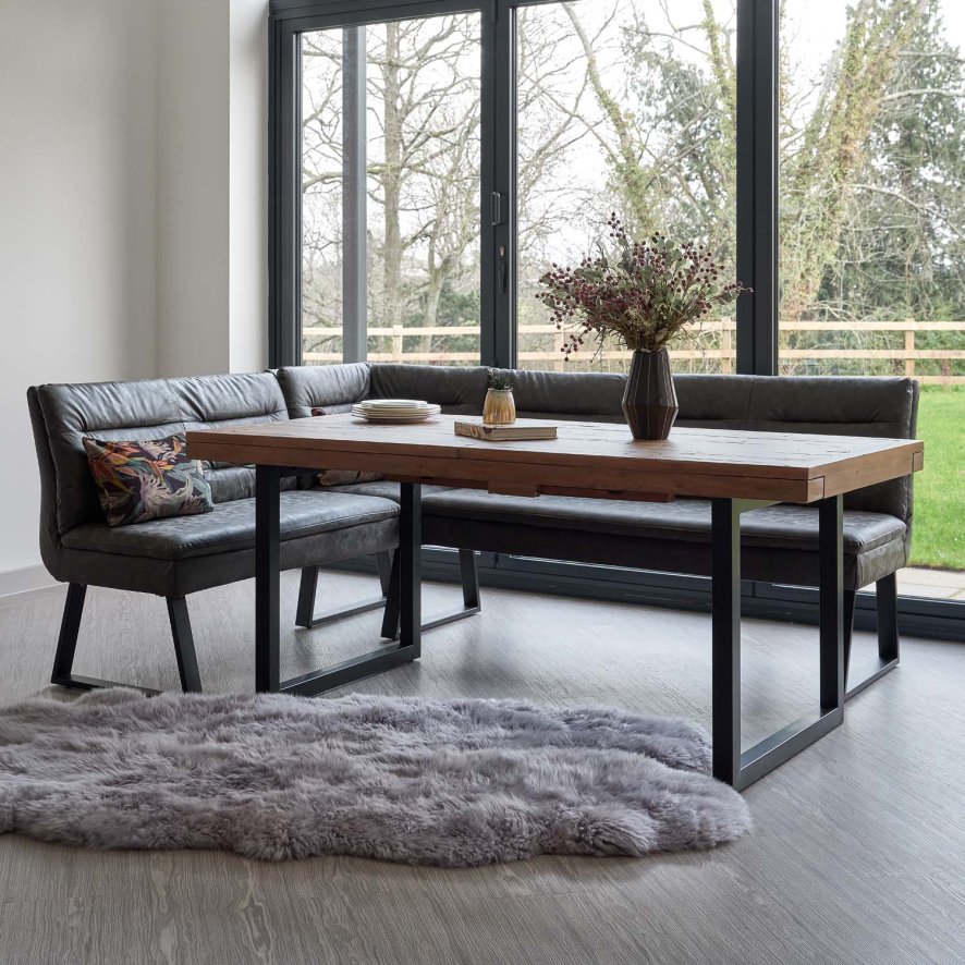 An image of Adelaide 180-240cm Extending Dining Table with Industrial Corner Bench in Grey