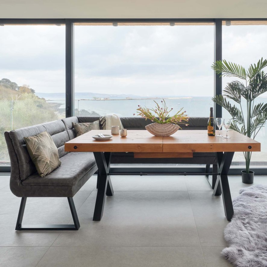 An image of Urban 180-240cm Extending Dining Table with Industrial Corner Bench in Grey