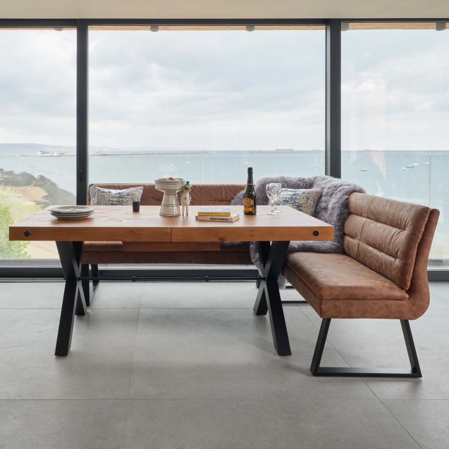 An image of Urban 180-240cm Extending Dining Table with Industrial Corner Bench in Tan