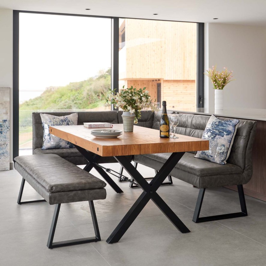 An image of Urban 180cm Dining Table with Industrial Corner Bench and Low Bench in Grey