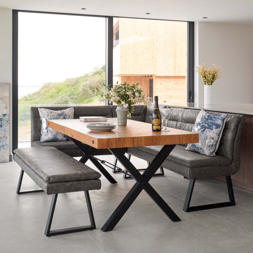 Urban 180cm Dining Table With Industrial Corner Bench And Low Bench In Grey