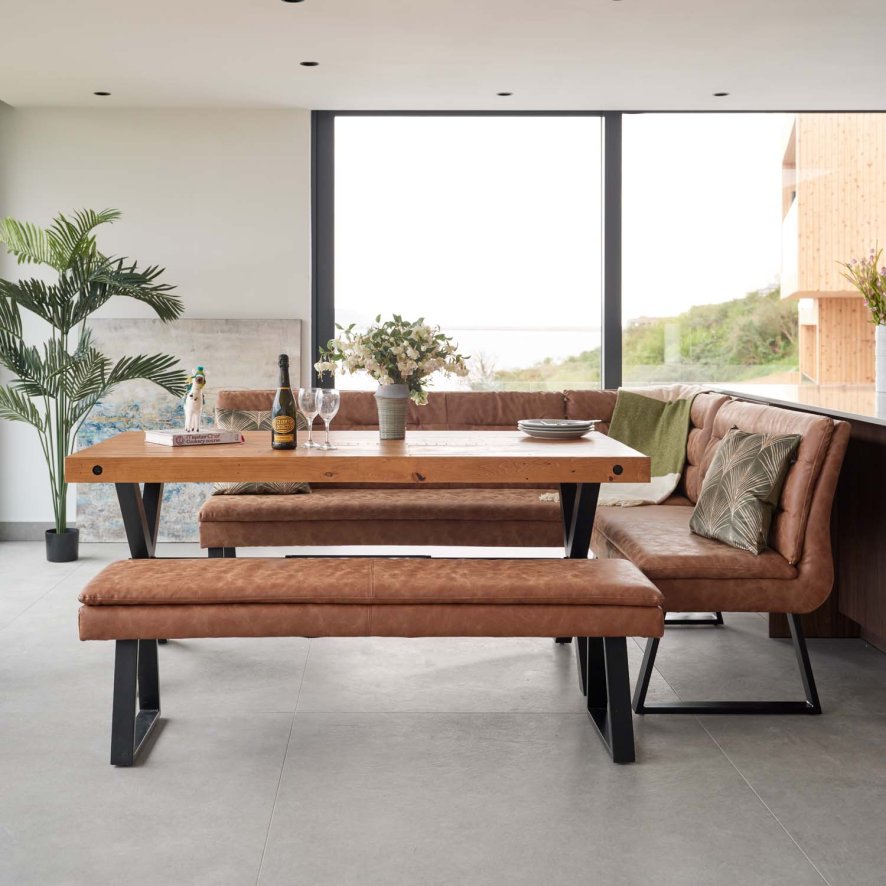 An image of Urban 180cm Dining Table with Industrial Corner Bench and Low Bench in Tan