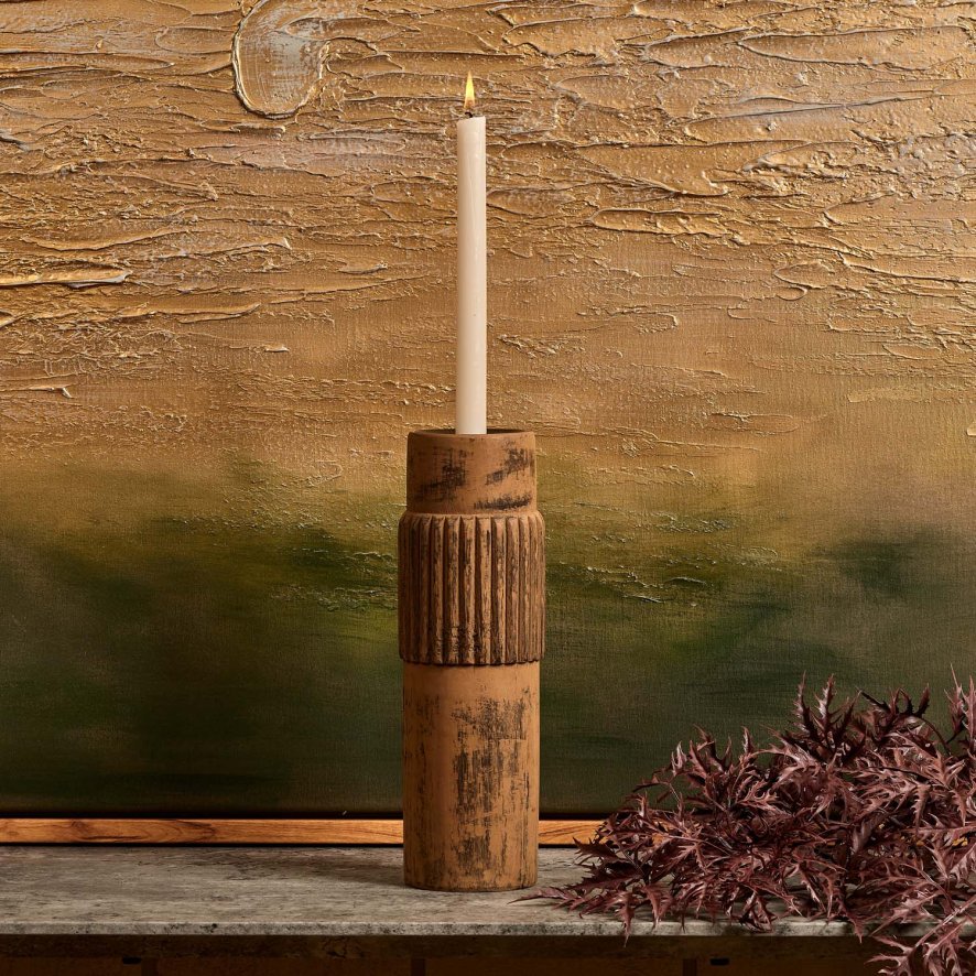 Woods Centre Straight Lines Wooden Candle Holder in Rust - Small